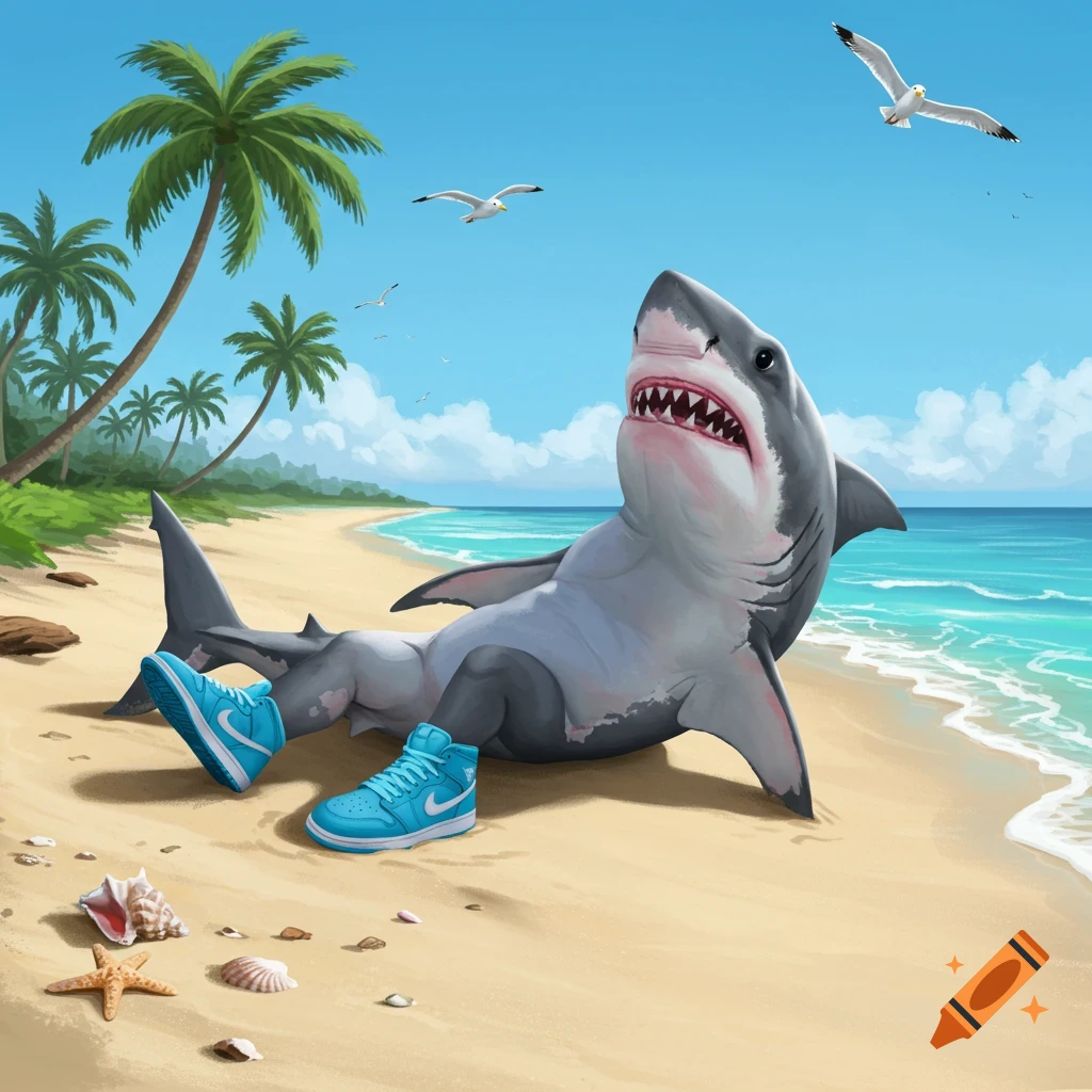 An anthropomorphic shark sits on a sandy beach, wearing bright blue sneakers. Palm trees, ocean, and seagulls are in the background.