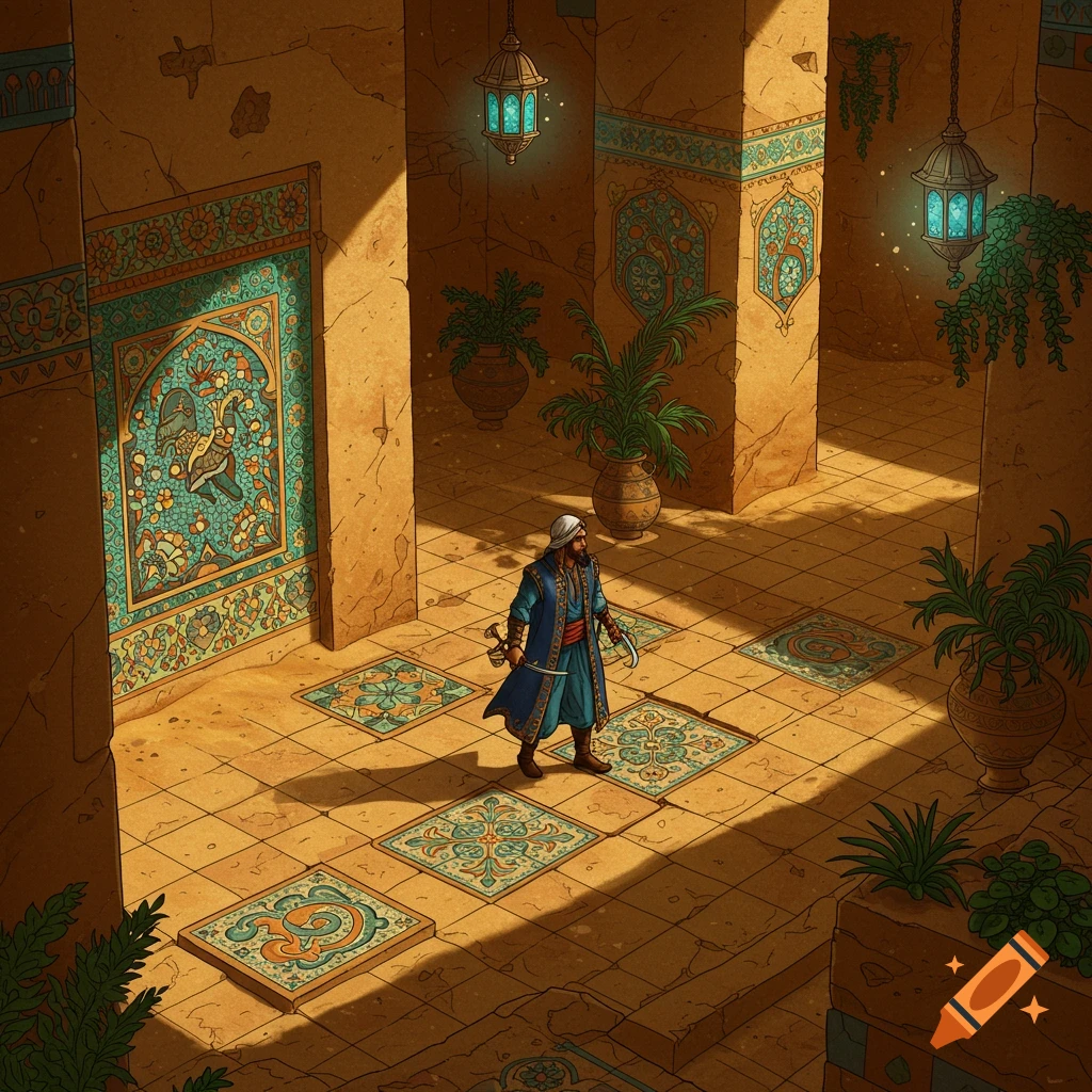 A man in traditional Persian attire walks through an ornate, sunlit, tiled hall with glowing lamps and potted plants in a fantasy art style.