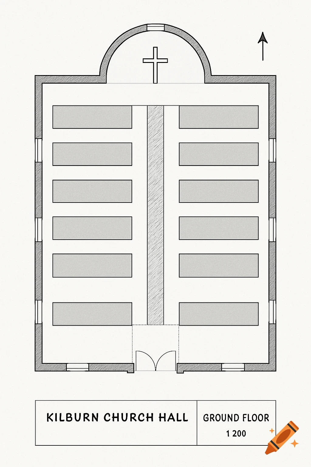 A monochrome technical blueprint of a church hall floor plan, showing a central aisle, rectangular seating sections, a cross at the altar, and a title block.