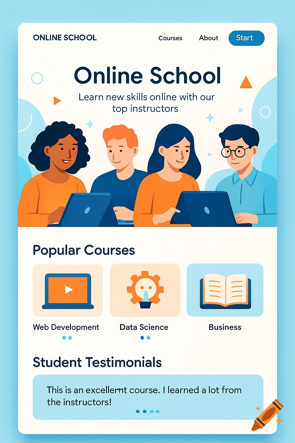 An online school website design with illustrations of diverse students, course categories, and a testimonial section.