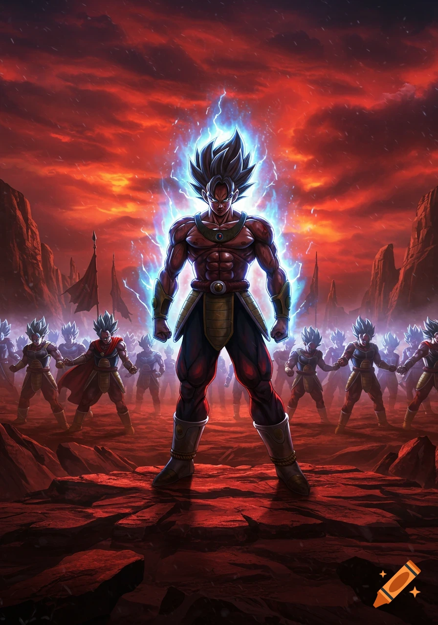 A muscular, glowing anime warrior stands before his army on a red, rocky alien planet under a stormy red sky, ready for battle.