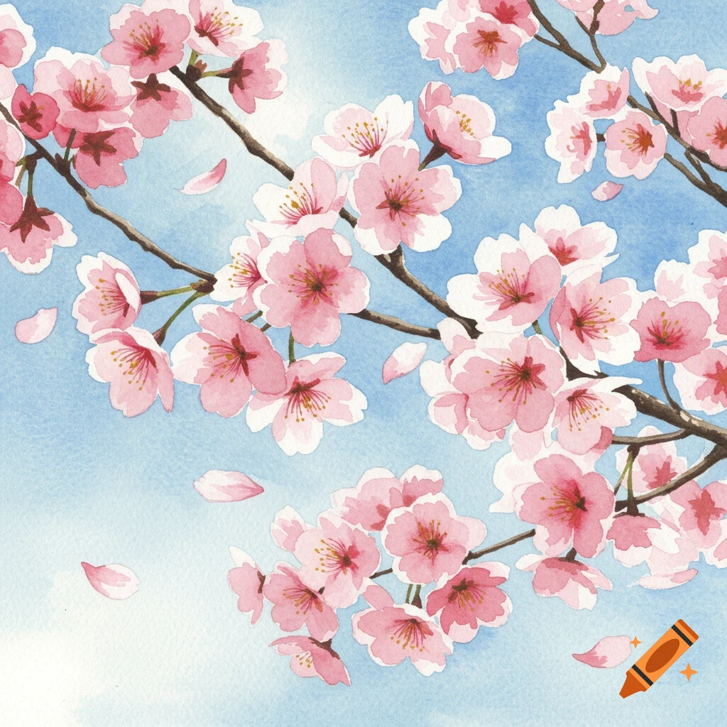 Watercolor painting of pink cherry blossom branches with falling petals against a light blue sky.