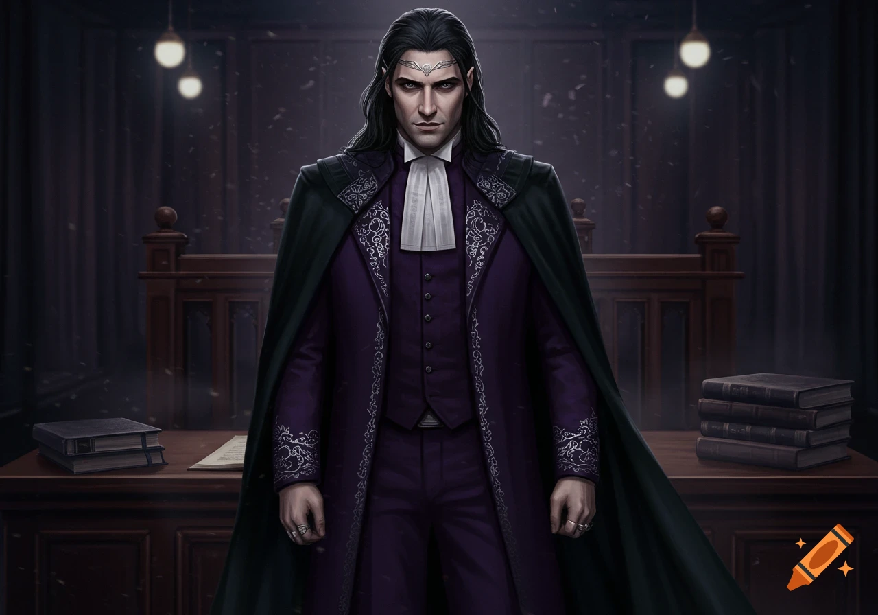 A stern-faced dark elf in a purple suit and black cape stands in a dimly lit courtroom, digital art.