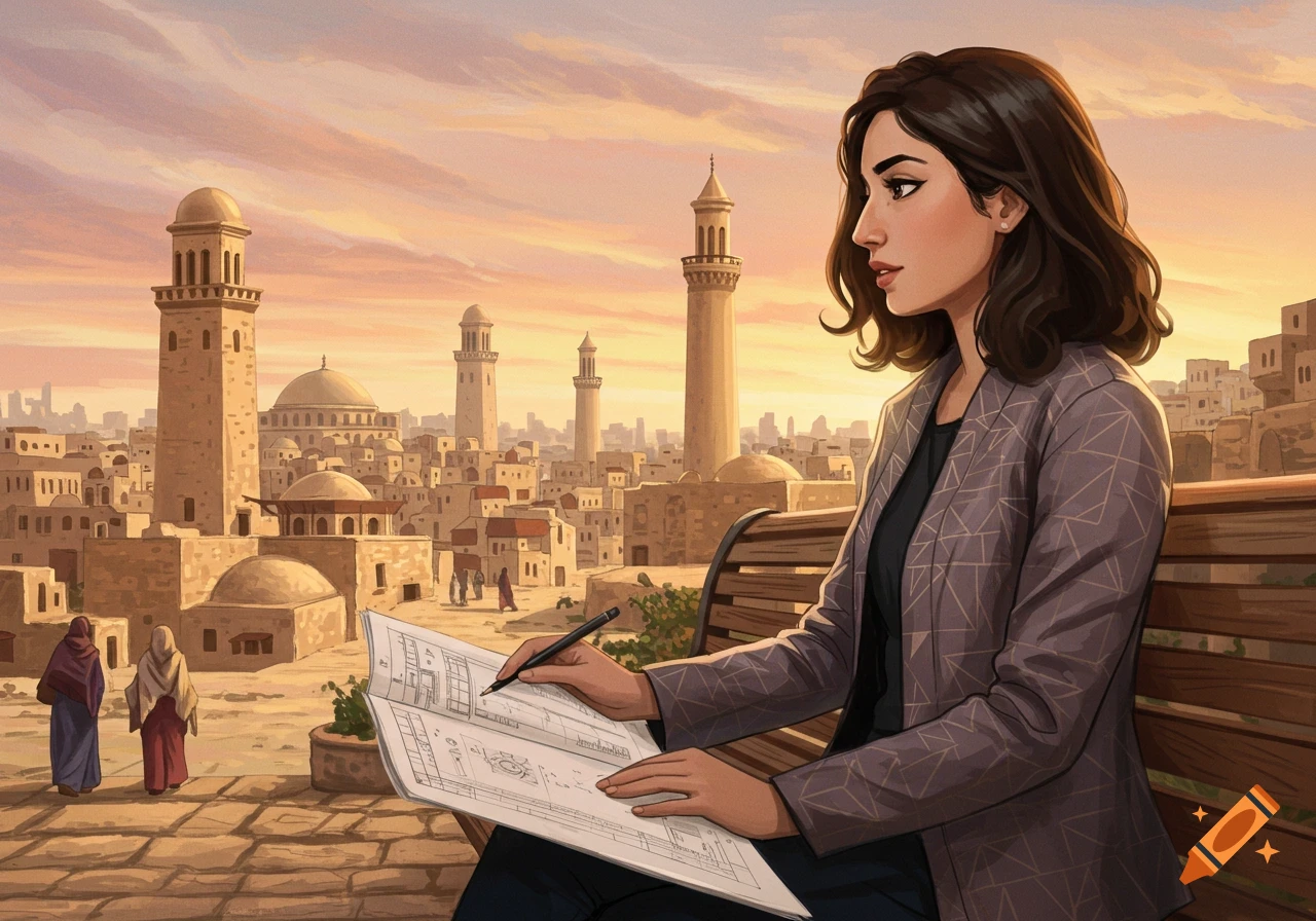 A young woman sketches architectural plans on a bench overlooking an ancient city with minarets at sunset, in a digital art style.