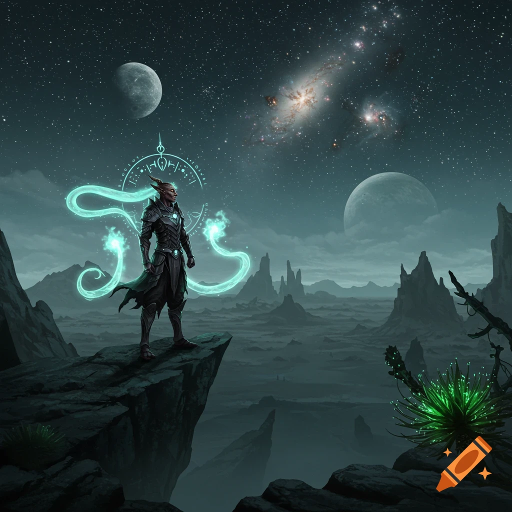 A fantasy character in armor with glowing turquoise magic stands on a cliff, overlooking a desolate alien landscape under a starry night sky with planets and galaxies.