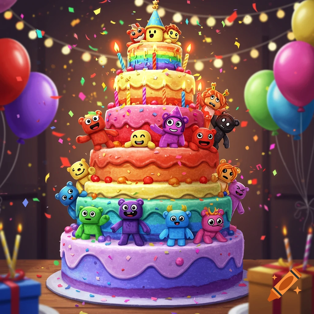 A vibrant, multi-tiered rainbow birthday cake adorned with colorful cartoon characters, lit candles, confetti, and balloons.