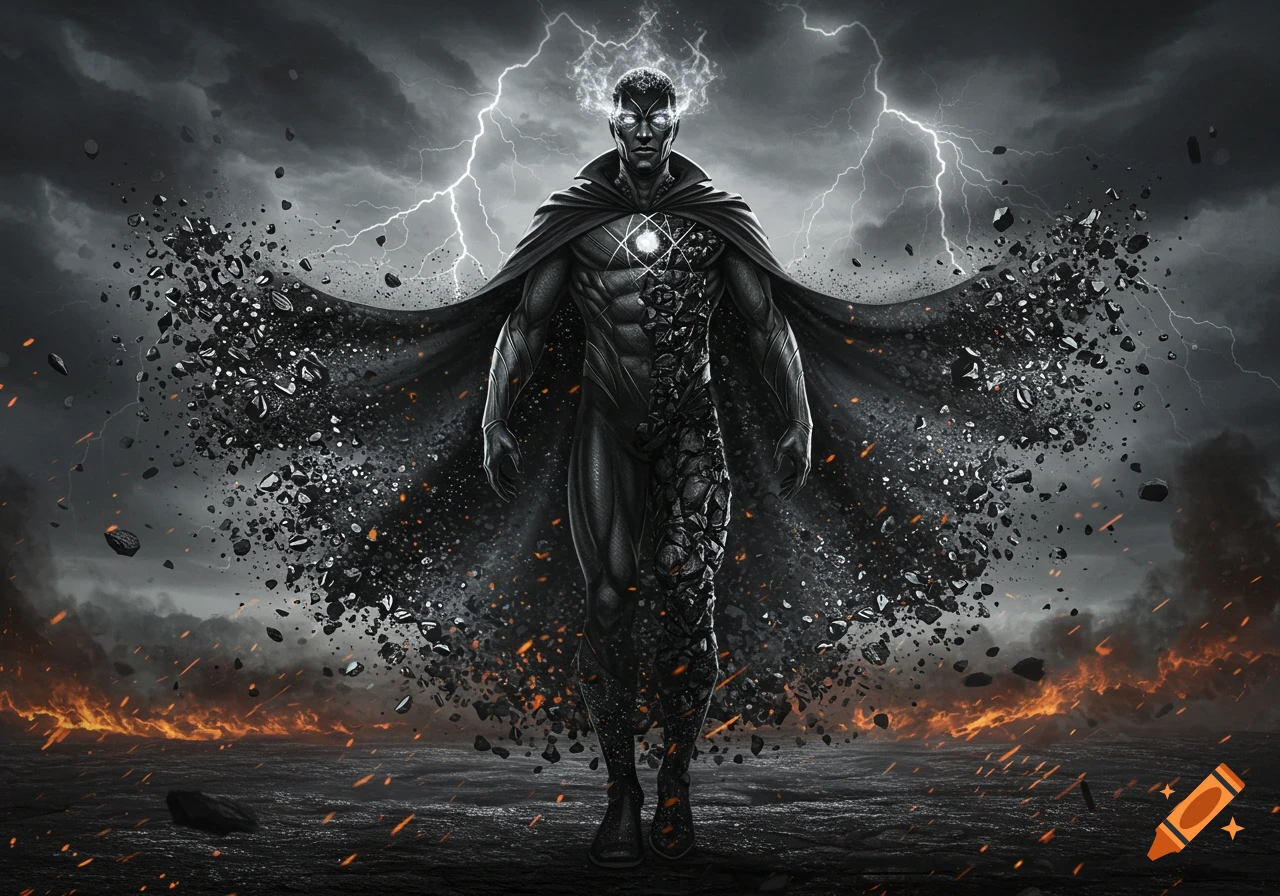 A powerful superhero or villain in a dark suit and cape, with one side of his body appearing to shatter into rocky fragments. He stands amidst lightning, stormy clouds, and a fiery, desolate landscape.