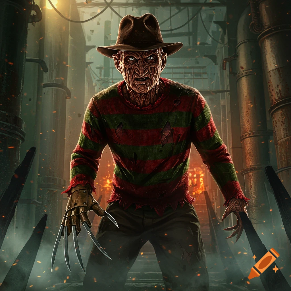 Freddy Krueger stands menacingly in a dark, fiery industrial setting.