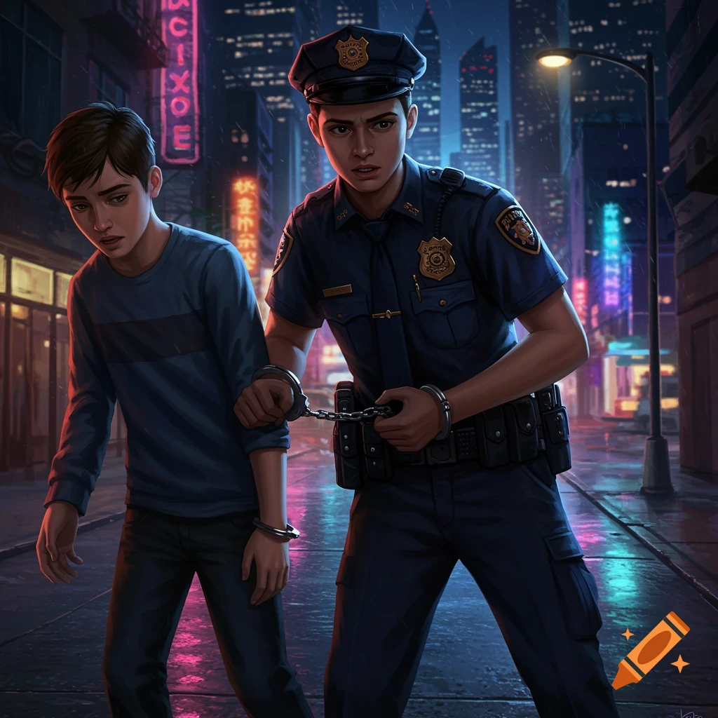 A police officer handcuffs a young person on a neon-lit city street at night, in a digital art style.