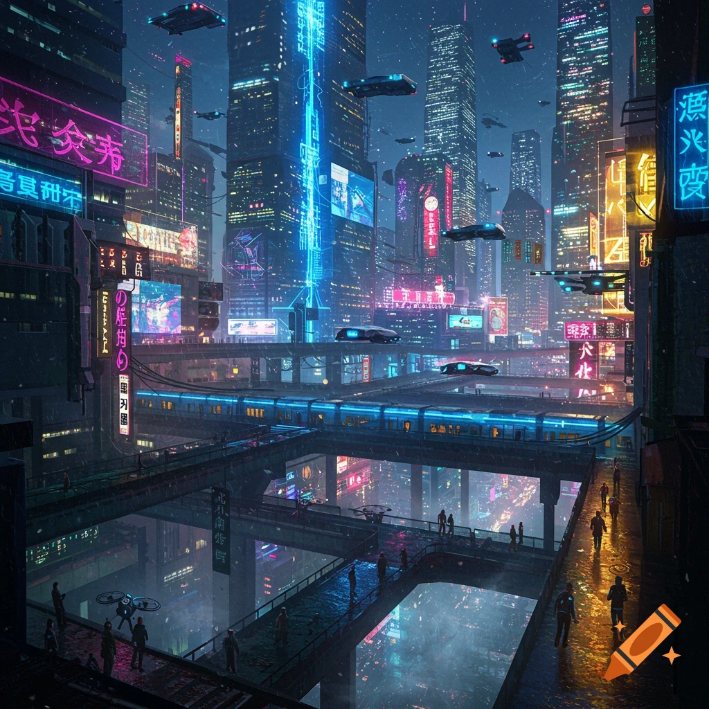 A vibrant cyberpunk cityscape at night, with towering skyscrapers, neon signs, elevated trains, and flying vehicles.