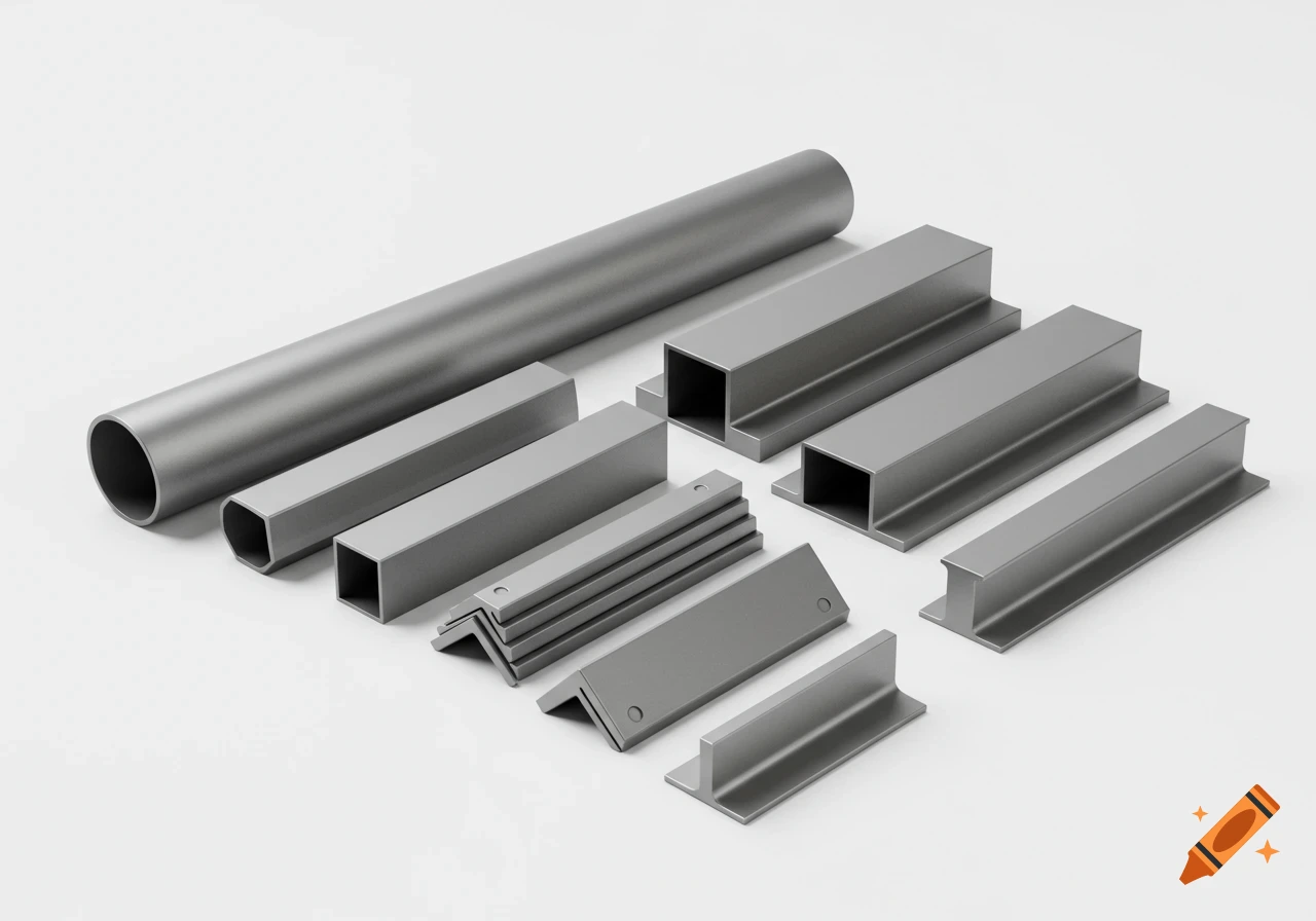A collection of various metal industrial profiles including tubes, angle steels, channel steels, and I-beams on a white background.