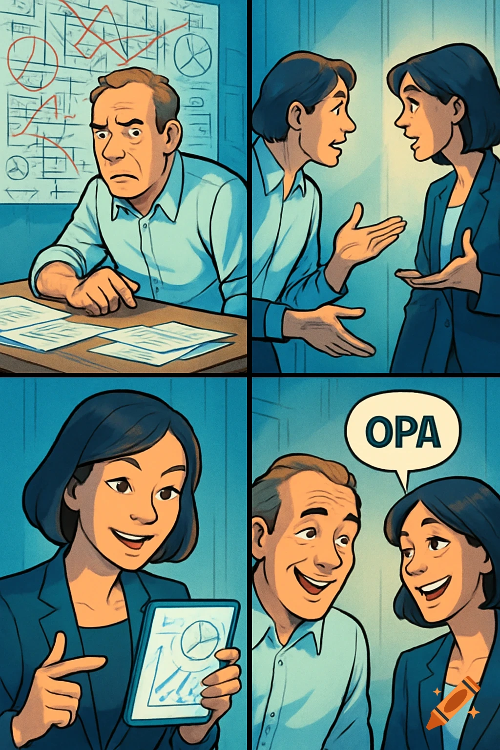 A 4-panel cartoon comic strip shows a man confused by charts, then talking to a woman, who explains a solution with a tablet, leading to both smiling and the woman saying 'OPA'.