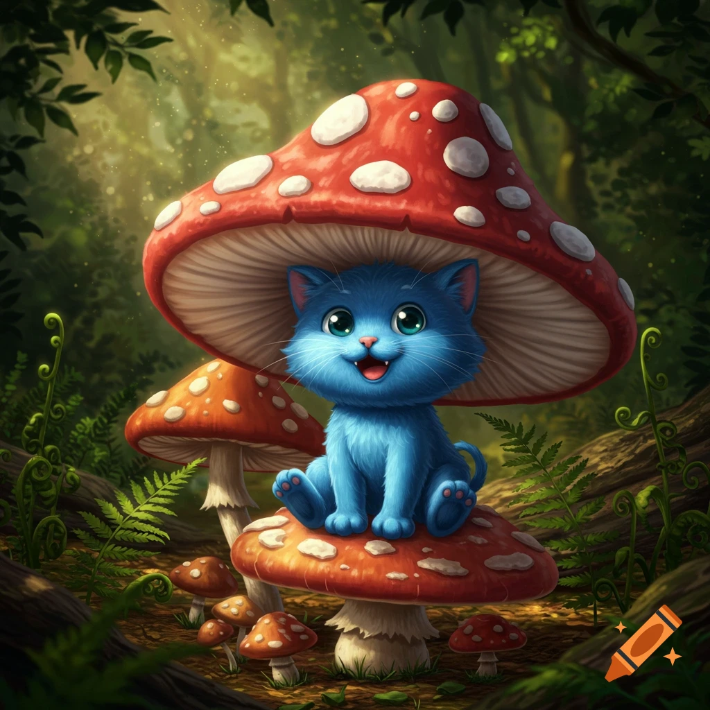 A cute blue cartoon-style cat with big green eyes sits on a red and white spotted mushroom under another large mushroom in a whimsical forest.
