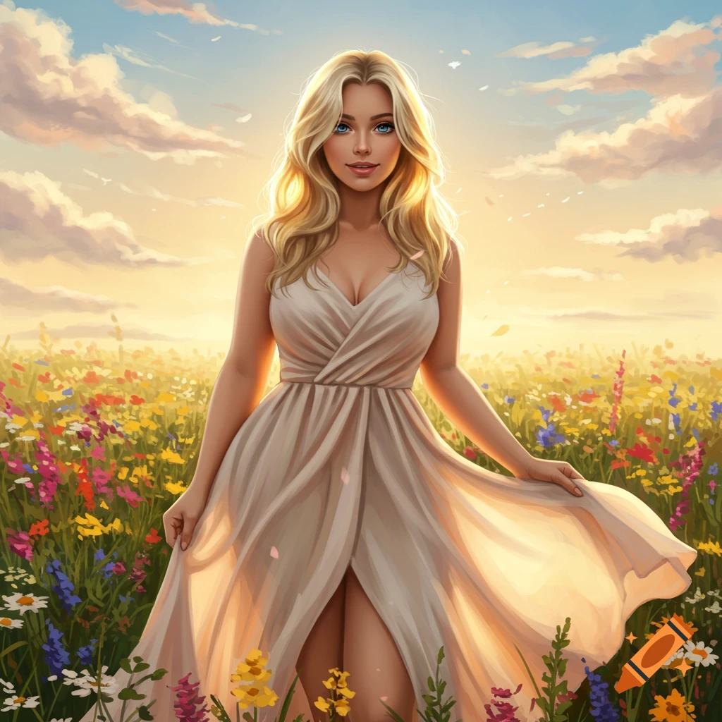 A beautiful blonde woman in a flowing dress stands in a vibrant field of wildflowers under a golden sky, digital painting.