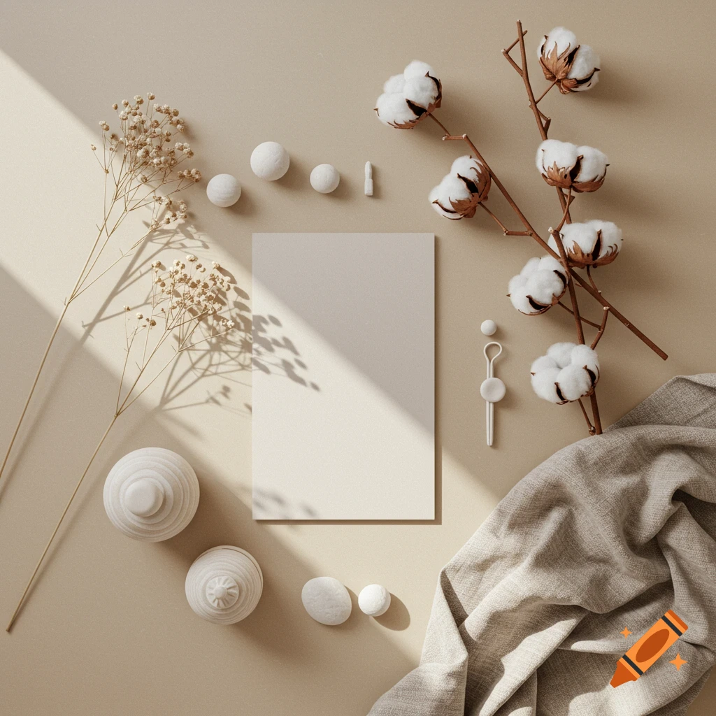 A minimal flat lay with a blank card, cotton branches, dried flowers, pebbles, and linen fabric on a beige background.
