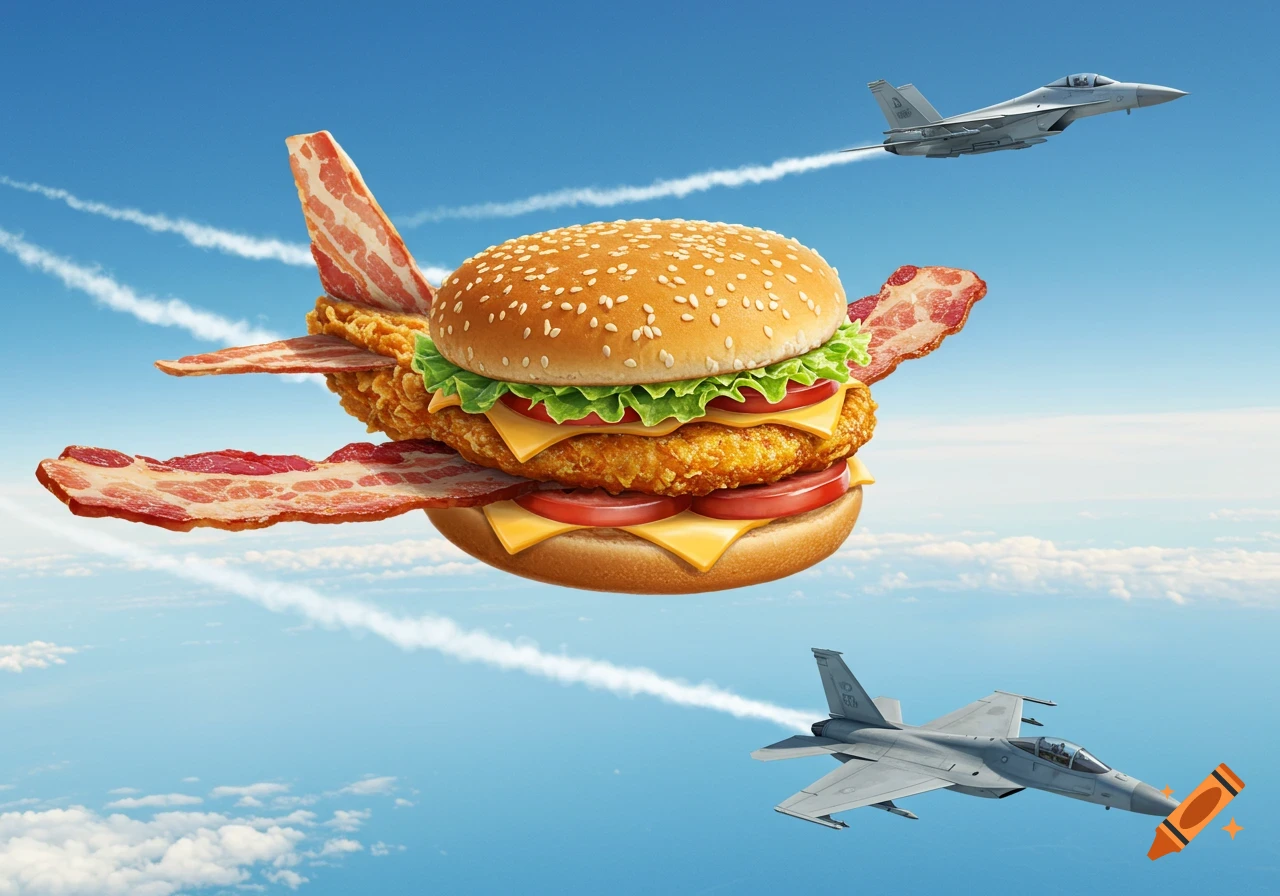 A chicken burger with bacon wings flies through a blue sky, escorted by two fighter jets leaving white contrails.