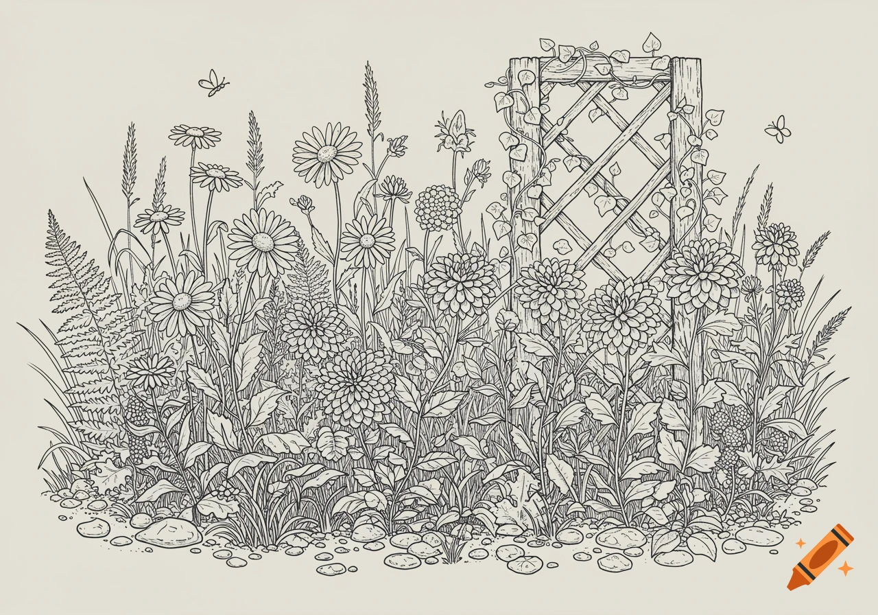A detailed black and white line art drawing of a lush flower garden with a wooden trellis, various blossoms, plants, small rocks, and butterflies.