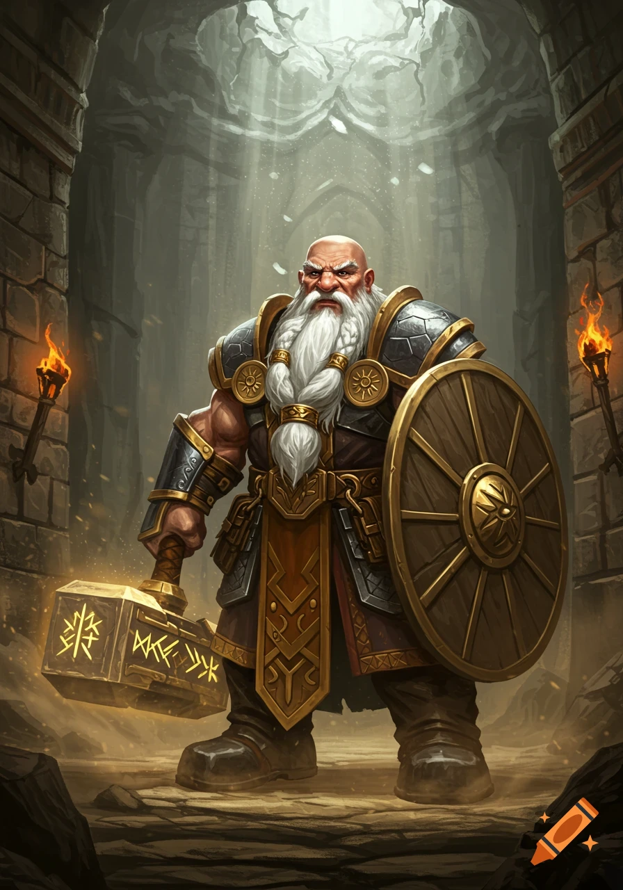 A bald dwarf cleric with a long white beard and braided hair stands in a dimly lit stone hall, holding a glowing hammer and a wooden shield.