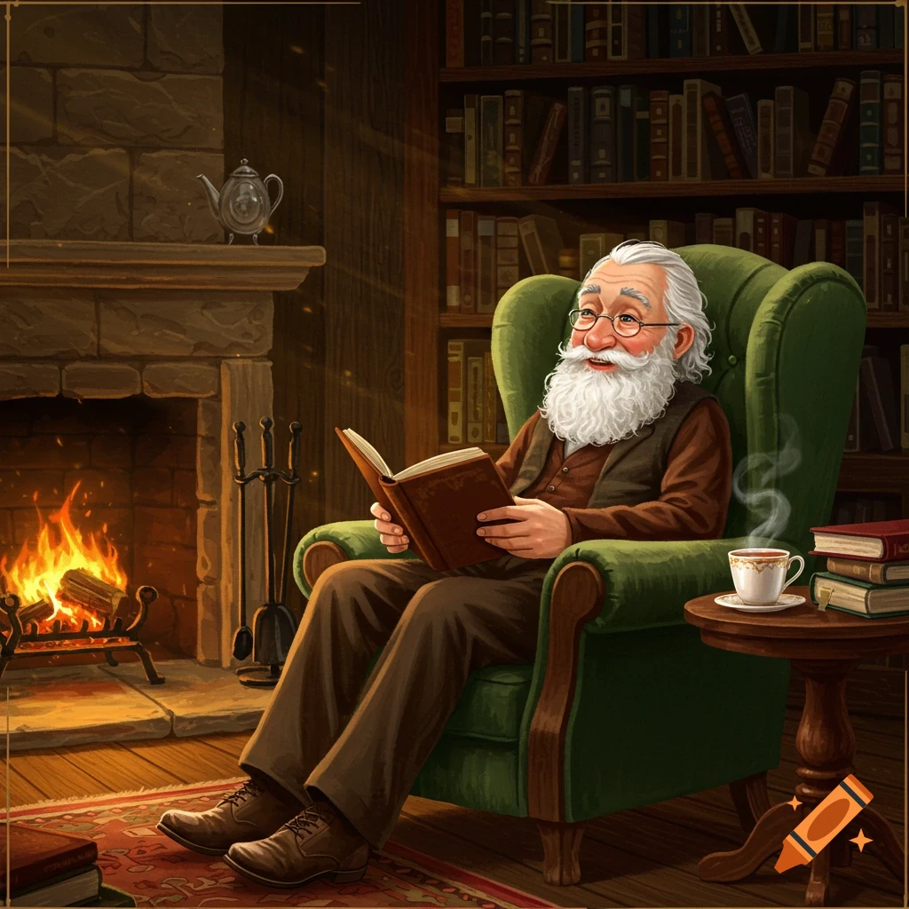 An old man with a white beard and glasses sits comfortably in a green armchair, reading a book by a crackling fireplace in a cozy library.
