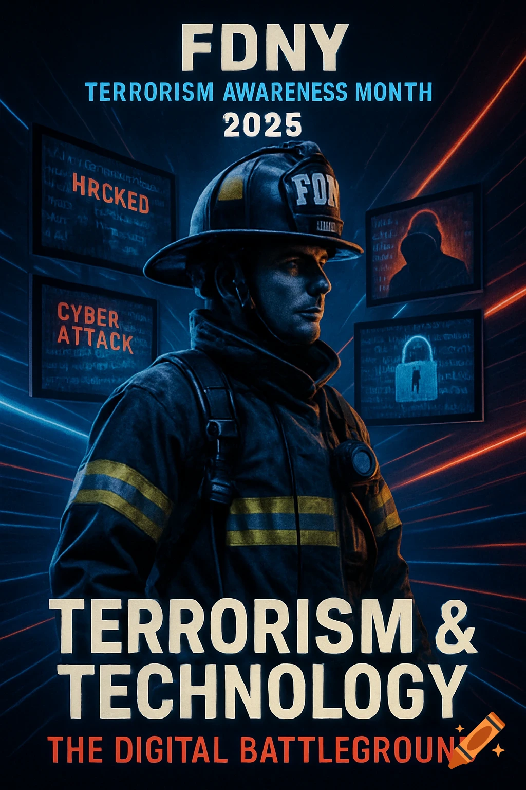 A dark, stylized image of a firefighter in uniform, framed by glowing blue and red lines, with screens displaying cyber-related images like a hacker silhouette and a lock. Prominent text reads "FDNY Terrorism Awareness Month 2025" and "Terrorism & Technology The Digital Battleground."