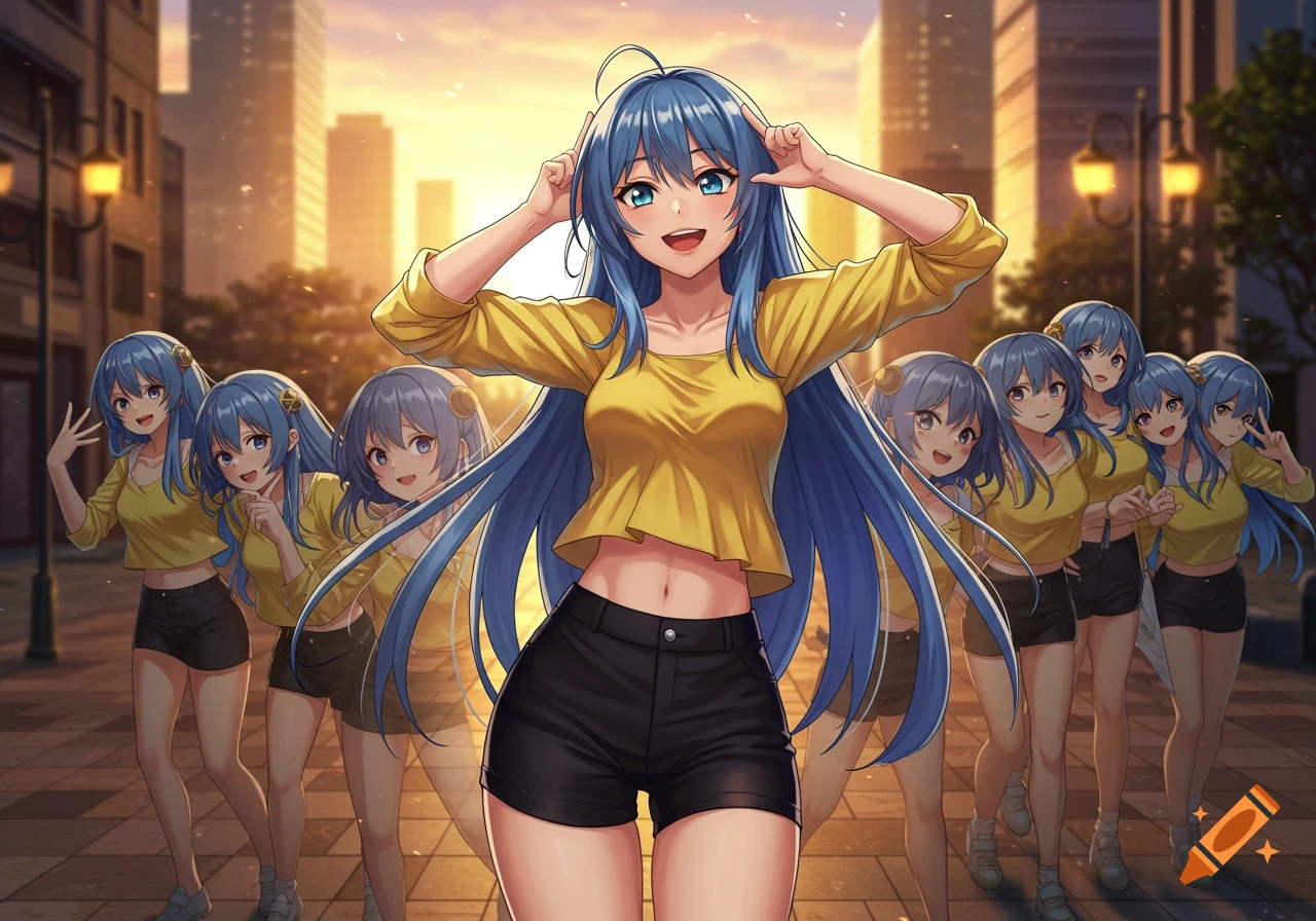 An anime woman with long blue hair and a yellow crop top stands in a city street, surrounded by several identical copies of herself, at sunset.