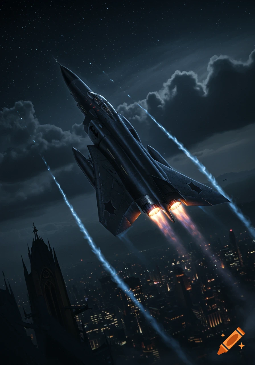 A dark, stylized Batman jet with glowing engines flies over a night city skyline with a Gothic building.