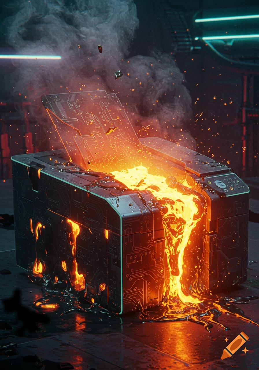 A dark printer melts with bright orange molten metal pouring from its top and sides, surrounded by smoke and sparks in a dark, industrial setting.
