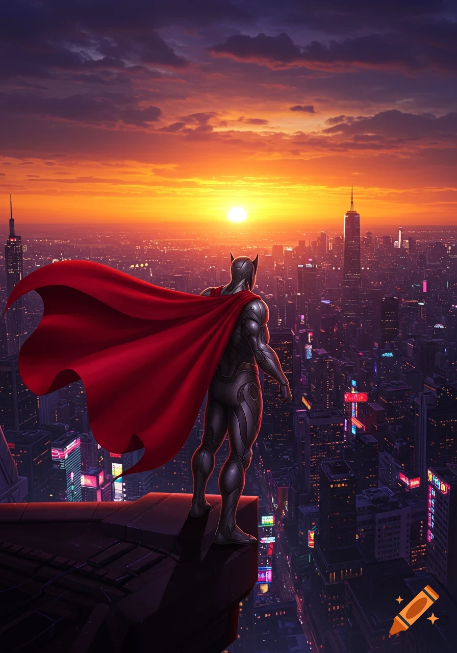 A superhero in a dark suit and flowing red cape stands atop a skyscraper, gazing at a vibrant city skyline at sunset.