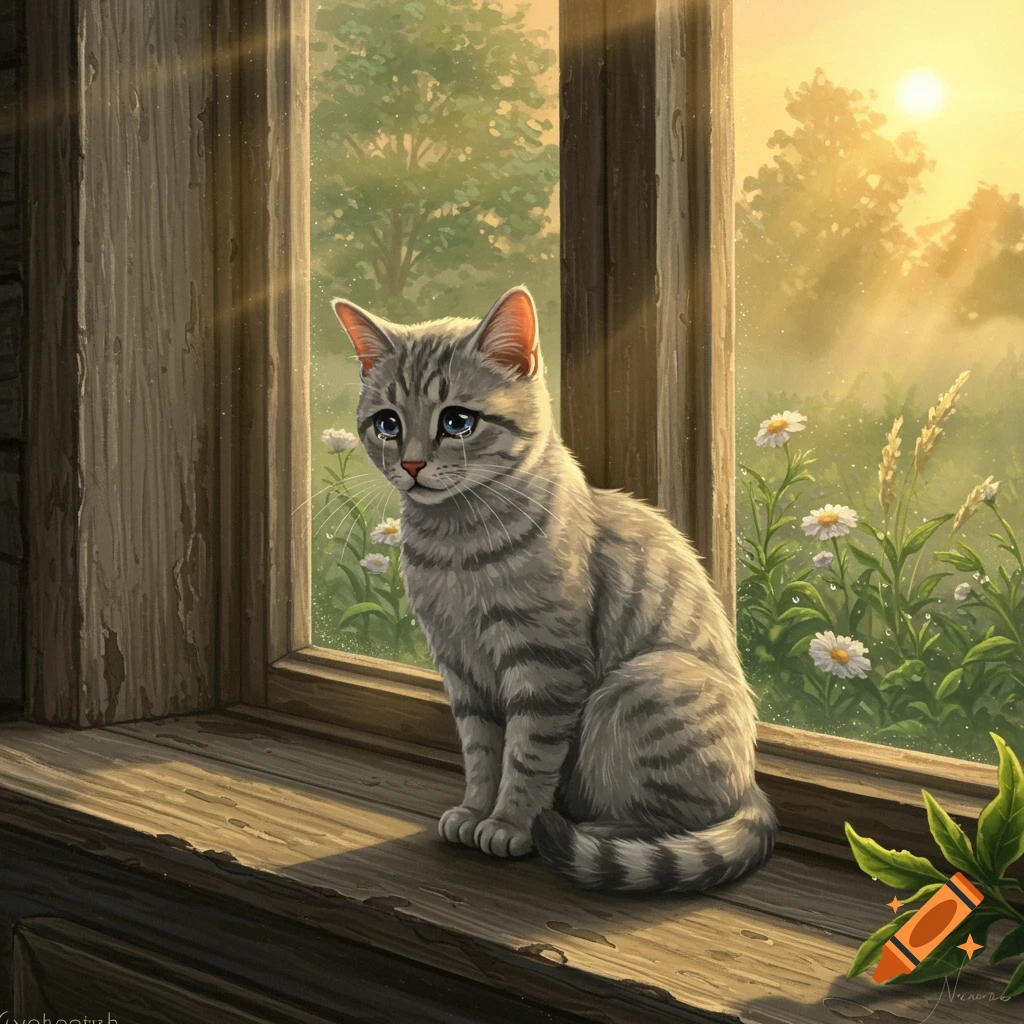 A grey tabby cat with tears in its eyes sits on a wooden windowsill, looking out at a sunny, green landscape with white flowers. Painterly style.