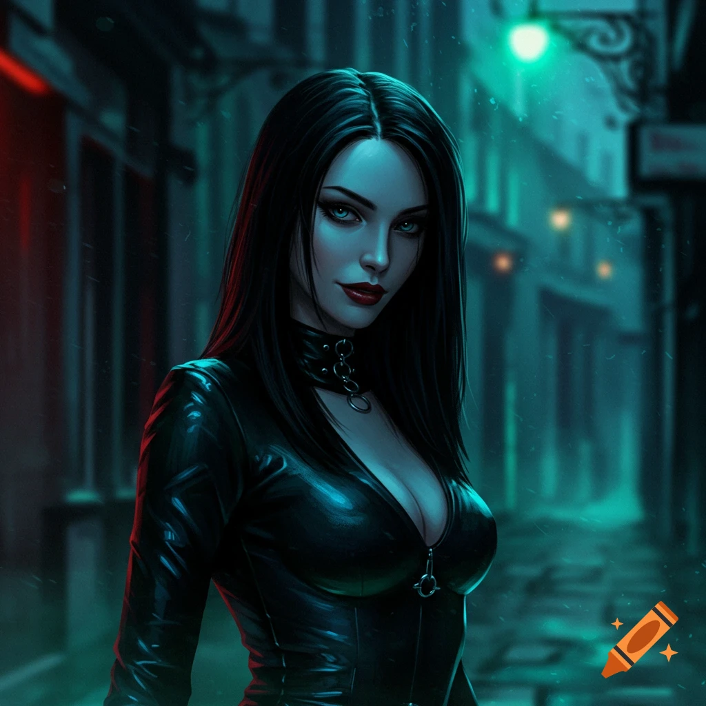 A beautiful woman with long dark hair and pale skin, wearing a black leather outfit and choker, stands in a dark, rainy alley illuminated by green light.