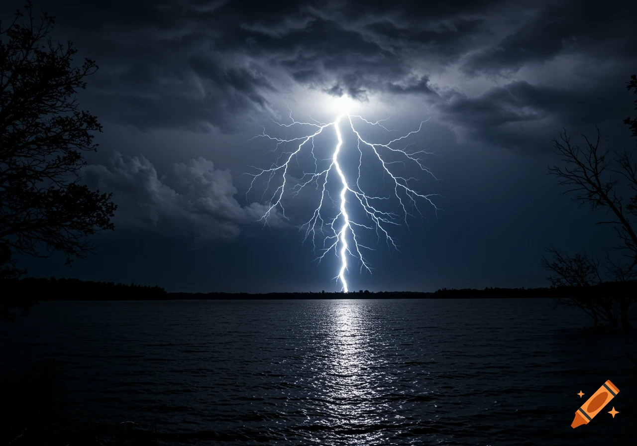 A powerful lightning bolt strikes a dark lake under an ominous, cloudy sky, with trees silhouetted.