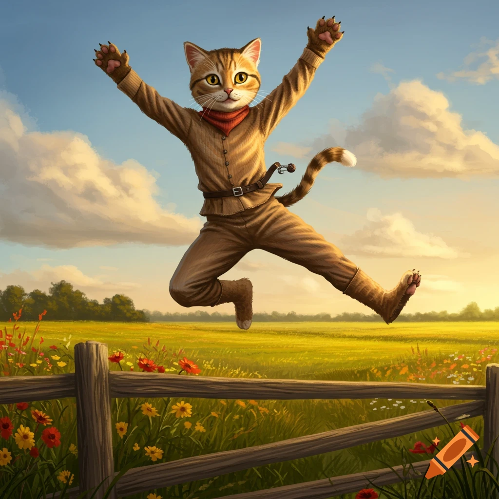 An anthropomorphic cat in brown clothes jumps over a wooden fence in a sunny, flower-filled field under a blue sky.