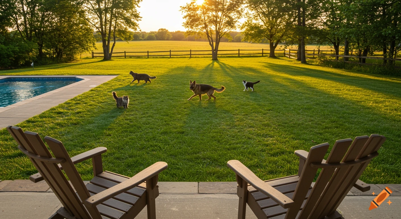 A serene backyard with a swimming pool, two Adirondack chairs, a German Shepherd, and four cats playing on the grassy lawn at sunset.