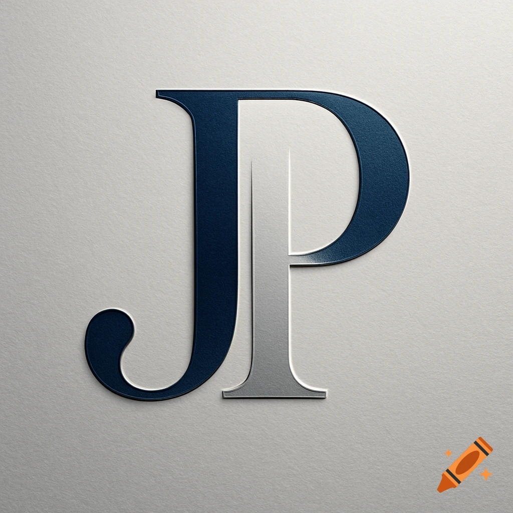 A minimalist logo featuring the intertwined letters 'J' in dark blue and 'P' in silver, with an embossed effect on a light grey textured background.