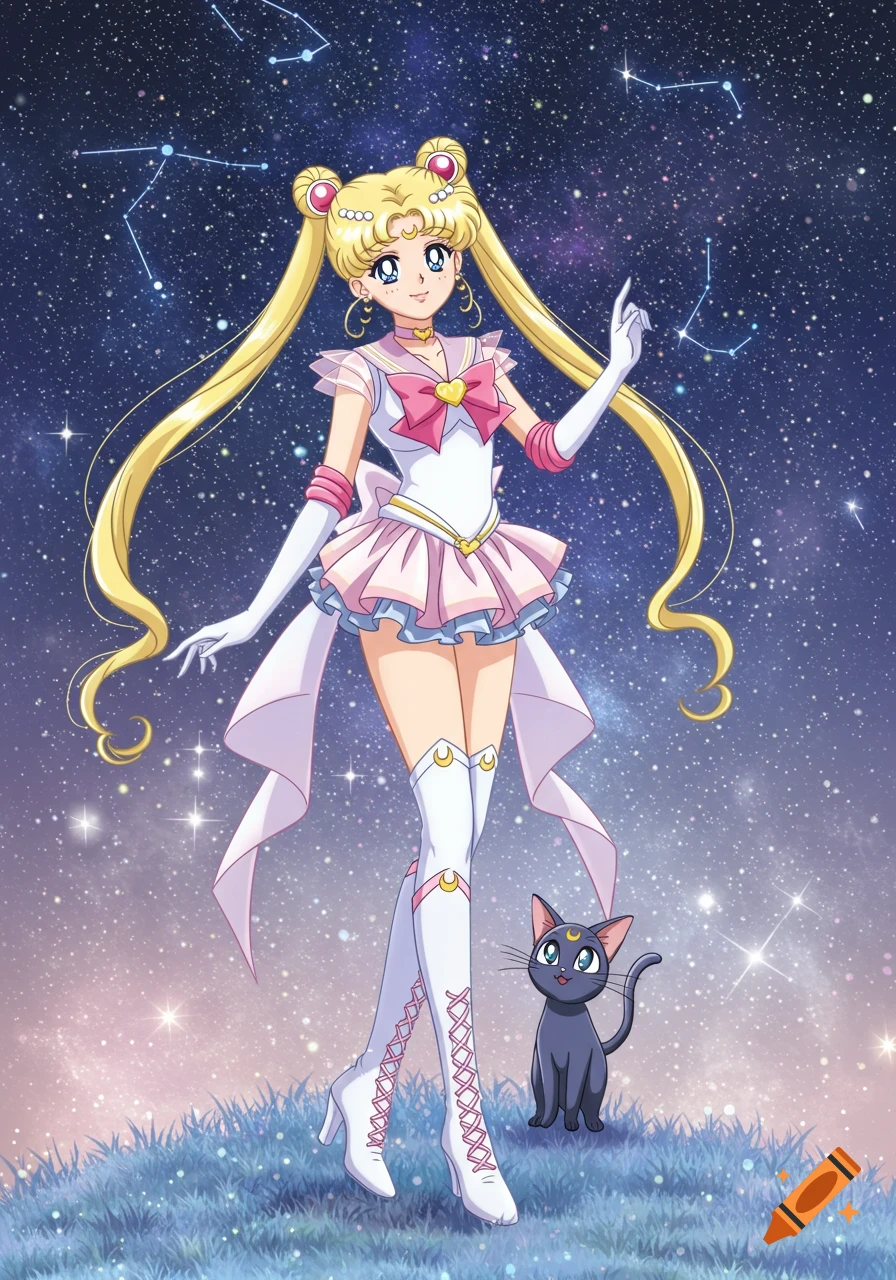 Sailor Moon and Luna the black cat on a grassy hill under a starry night sky with constellations in an anime style.