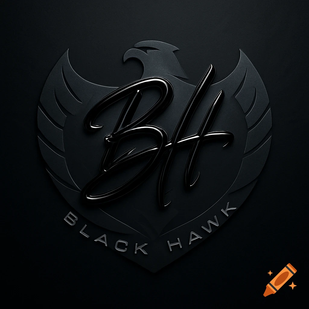 A sleek black logo featuring glossy 3D 'BH' initials over a stylized hawk emblem, with 'BLACK HAWK' text below. Modern and authoritative style.