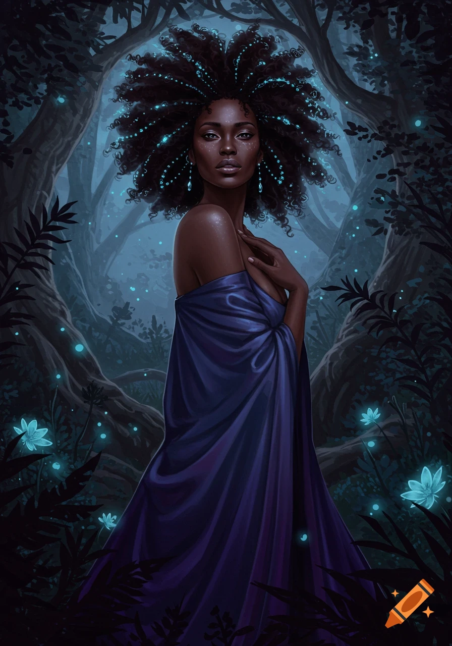 A dark-skinned woman with glowing afro hair and a purple dress stands in a mystical, dark forest with glowing flora, digital art.