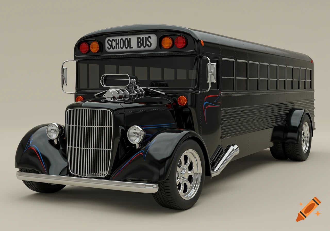 A black hot rod school bus with chrome accents and custom paint on a plain background.