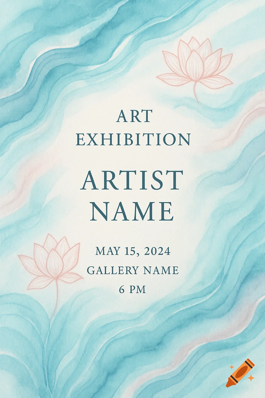 A watercolor art exhibition invitation with blue and pink wavy patterns, featuring two pink lotus flowers and text placeholders for event details.
