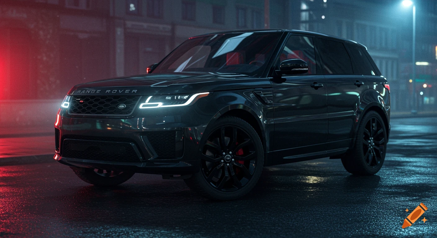 A black Range Rover Sport parked on a wet city street at night with glowing headlights and red ambient light.