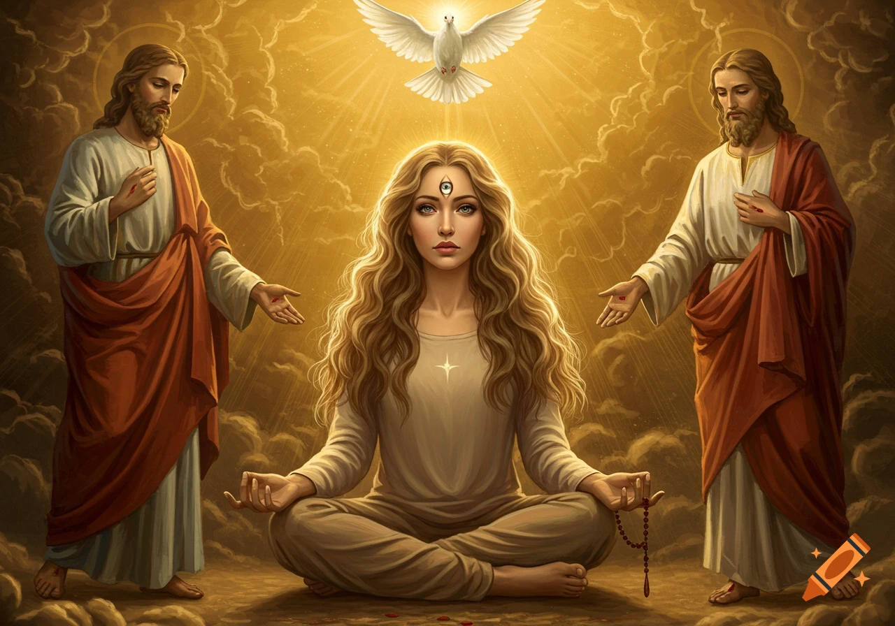 A woman meditates between two divine male figures under a dove in a golden, sacred painting.