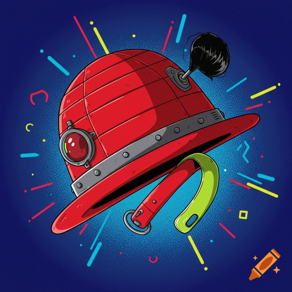 A vibrant red, ribbed, futuristic hat with a goggle-like eye, black pompom, and green strap, surrounded by colorful abstract lines on blue.