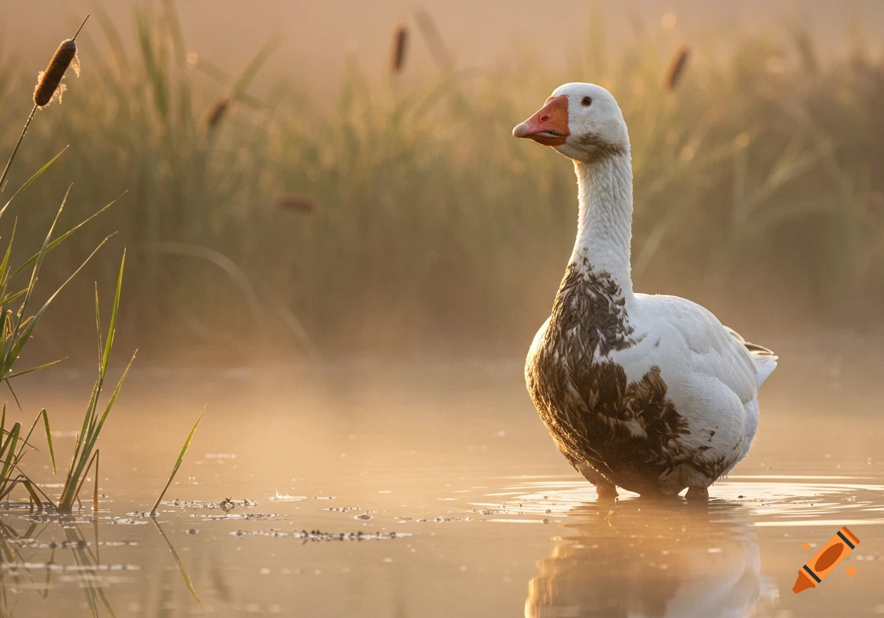 A white goose with brown mud on its chest stands in golden, misty water at sunrise with reeds in the background.