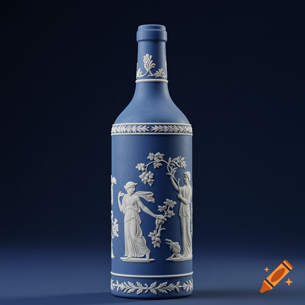 A blue bottle decorated with white bas-relief figures and floral patterns, in the style of Wedgwood Jasperware.