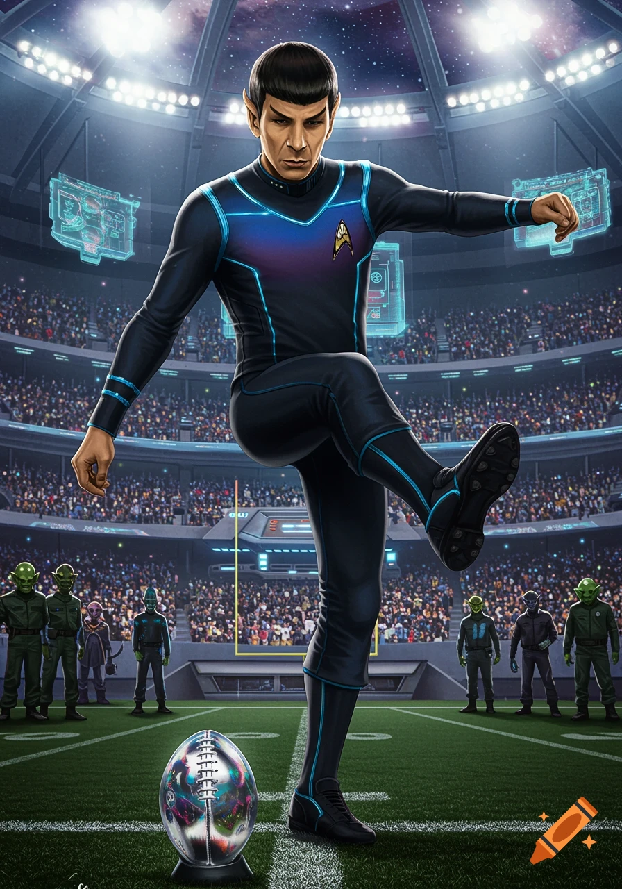 Spock from Star Trek in a black and blue uniform kicks a futuristic football on a stadium field with alien spectators.