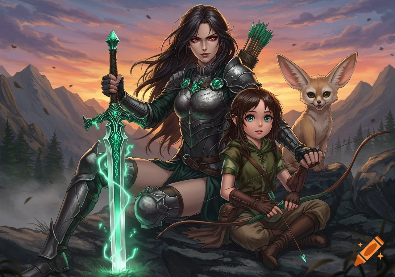A fantasy anime-style illustration of a female warrior with a glowing sword and a young archer with a fennec fox in a mountainous sunset landscape.