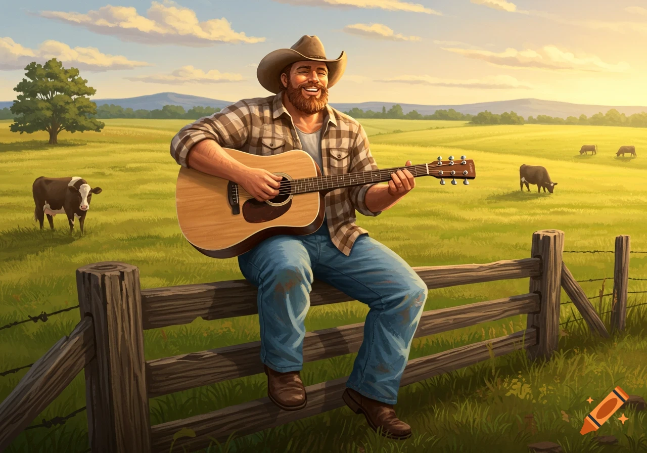 A smiling country guitar player with a beard sits on a wooden fence, playing an acoustic guitar in a sunny green field with cows and mountains in the background.