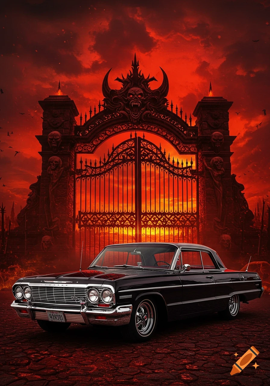 A black 1960s Chevy Impala is parked in front of ornate, demonic gates of hell under a fiery red sky, in a photorealistic dark fantasy style.