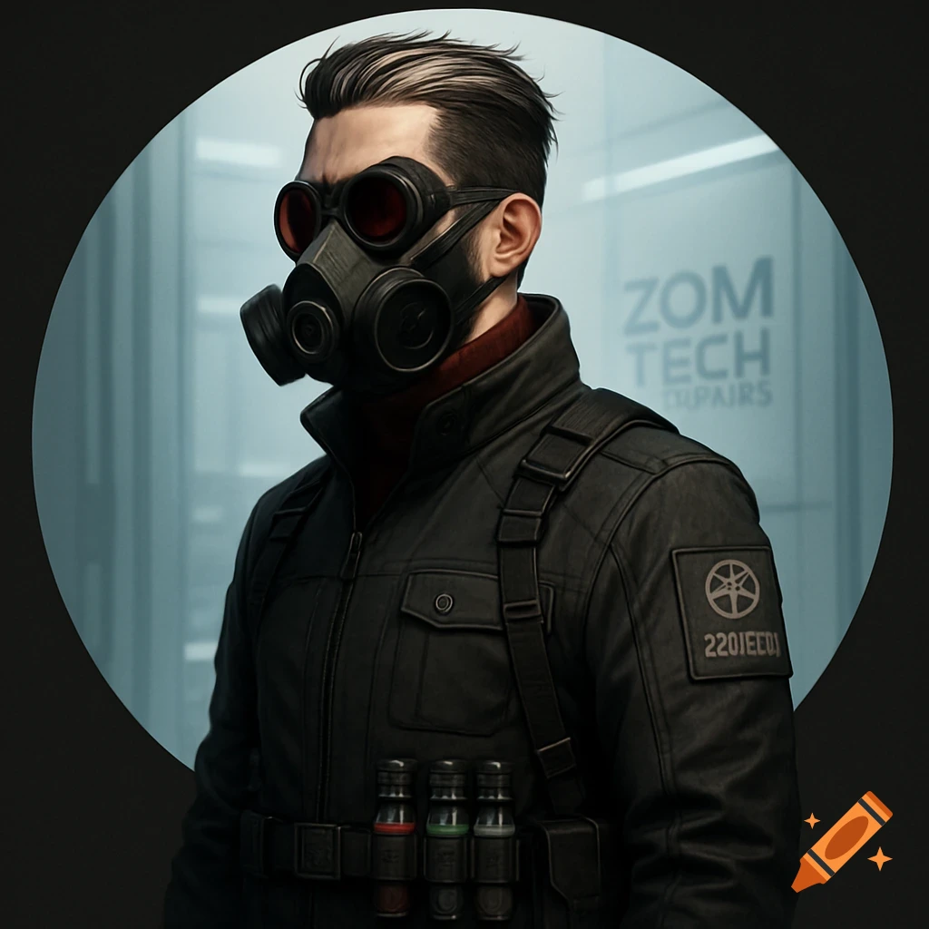 A man with slicked-back hair, wearing a black gas mask with red-tinted eyepieces and a dark jacket with tactical gear, stands in a futuristic setting. Text on a background wall reads "ZOM TECH REPAIRS."