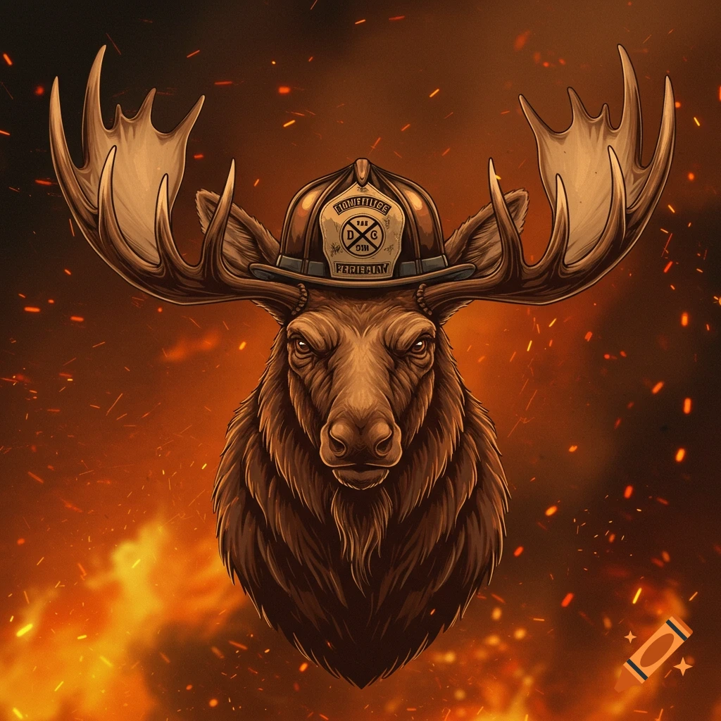 An illustration of a moose head wearing a firefighter helmet against a fiery background with sparks.